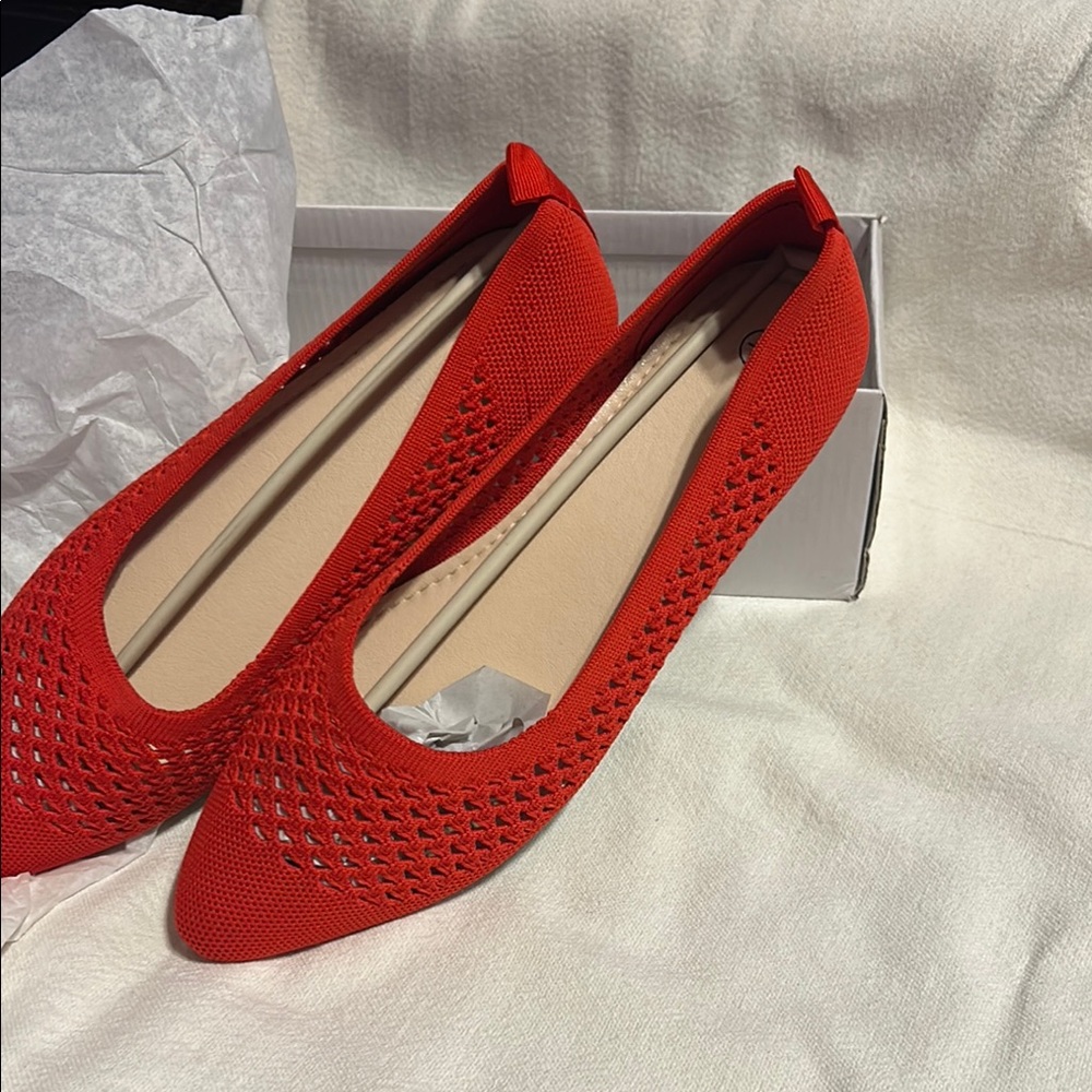 Vibrant Red Suede Flats with Perforated Design